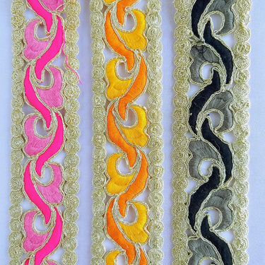 Black, Grey And Gold Cut Work Embroidered Trim, Approx. 48mm wide